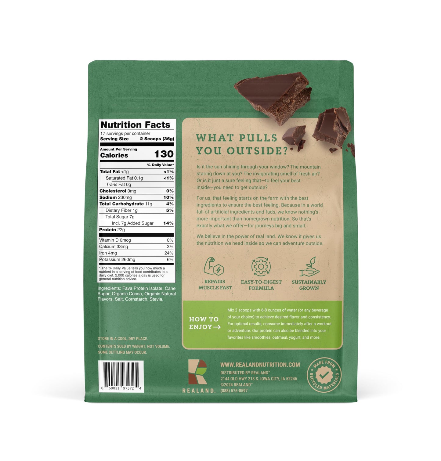 Realand Chocolate Vegan Plant Protein Isolate Powder - Fava Bean Protein Powder for Recovery - 22g Protein - 21 Servings