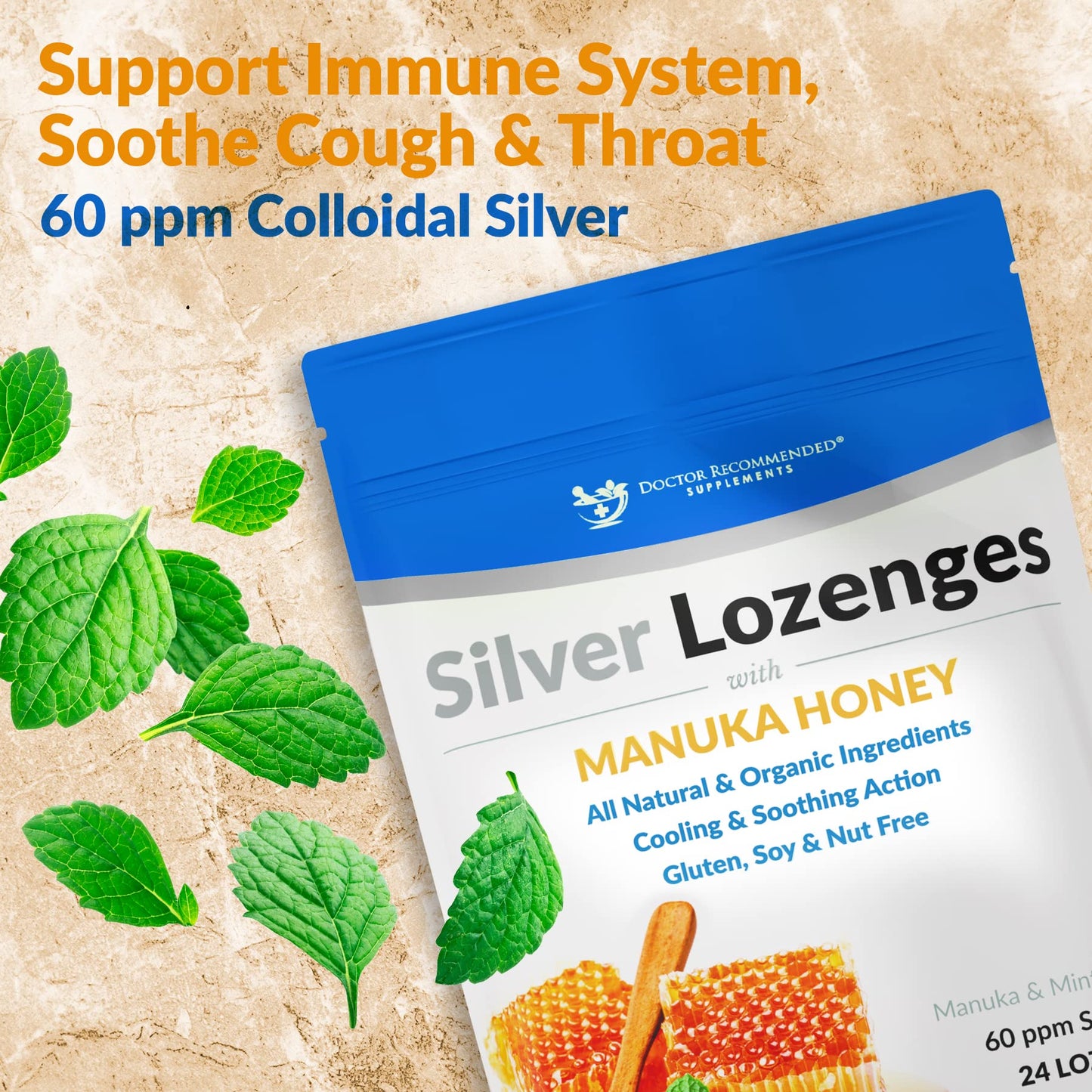 DOCTOR RECOMMENDED SUPPLEMENTS Silver Lozenges with Organic Manuka Honey and Vitamin C, All-Natural Nano Silver 45-50mcg of 60 PPM Colloidal Silver Mineral Drops to Support Immune System, Soothe, Cool Cough & Throat, Lozenges, 48