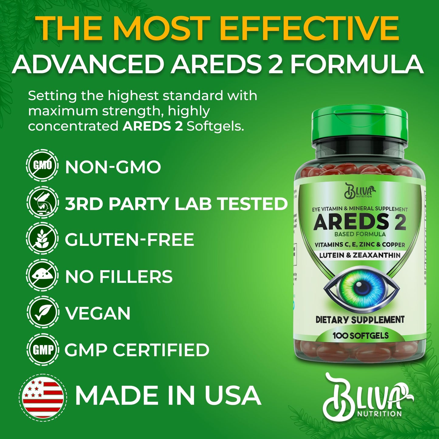 BLIVA NUTRITION AREDS 2 Eye Vitamins & Mineral Supplement 100 Softgels