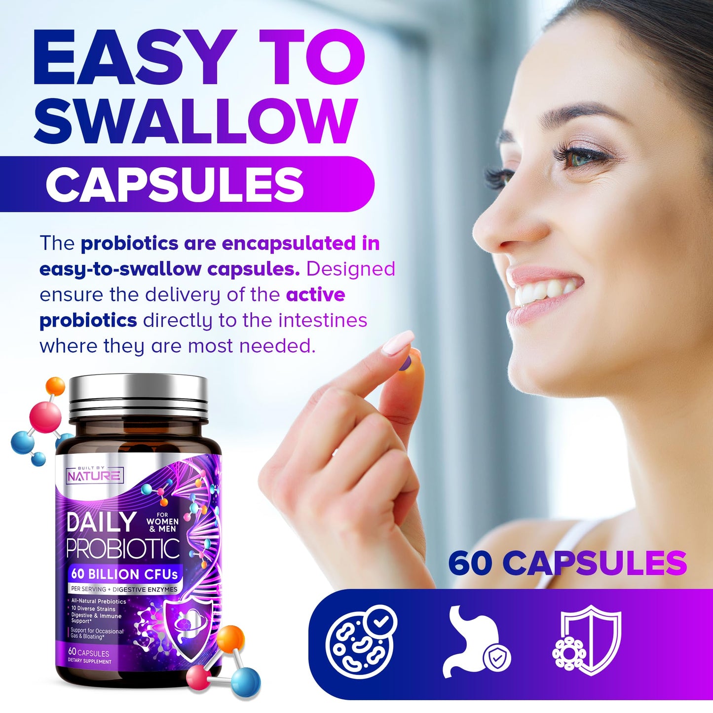 Built by Nature Probiotic for Women & Men – 60 Billion CFU, 10 Strains + Prebiotics & Digestive Enzymes – Supports Digestive, Immune, Reduce Gas & Bloating – Shelf Stable, Non-GMO, 60 Capsules