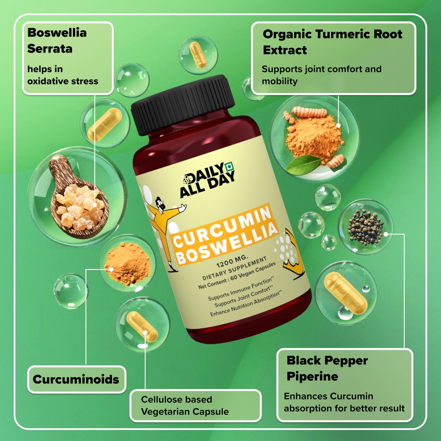 Daily All Day Curcumin Boswellia Wellness Capsules, 60 Count