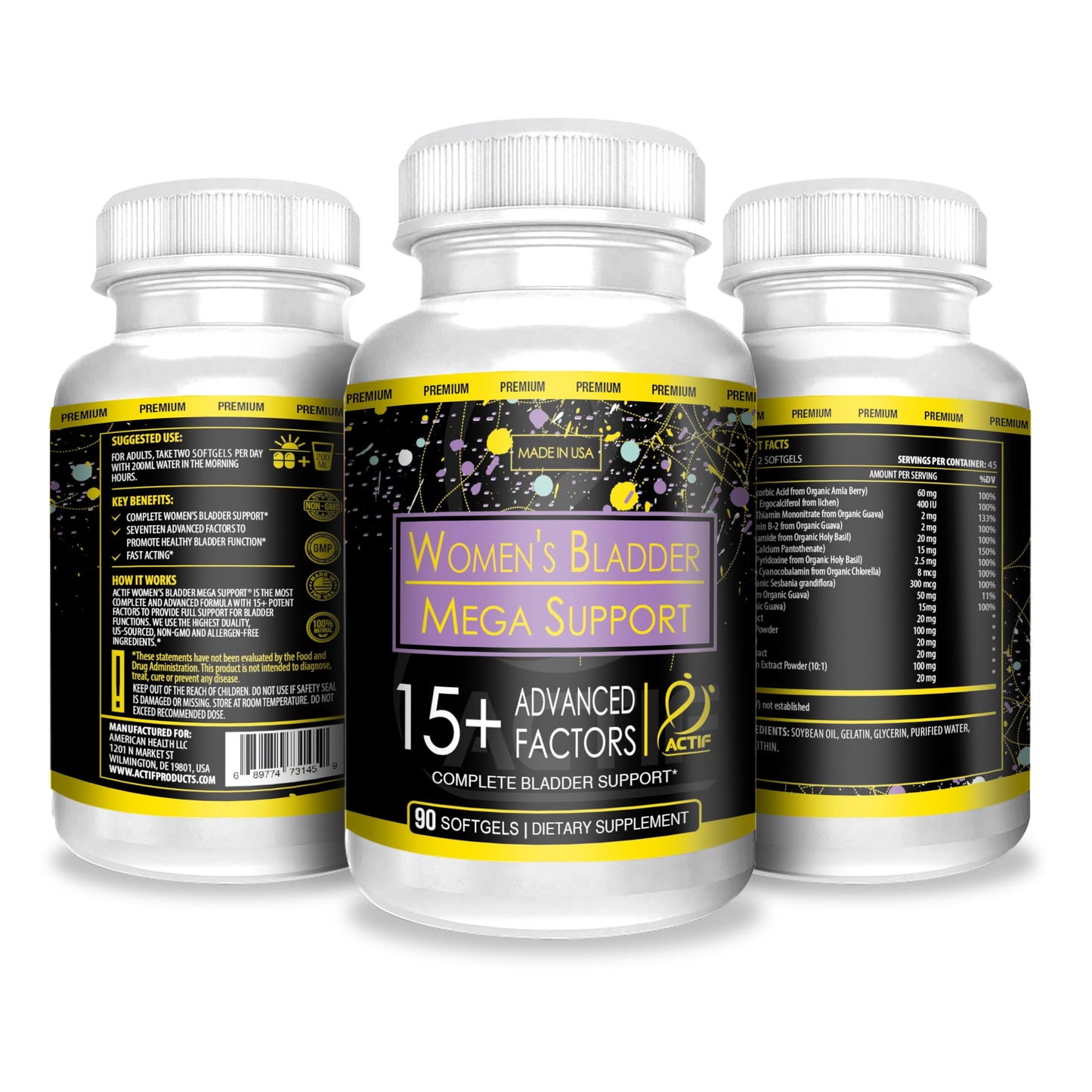ACTIF Women's Bladder Mega Support with 15+ Factors Capsule 90 Count