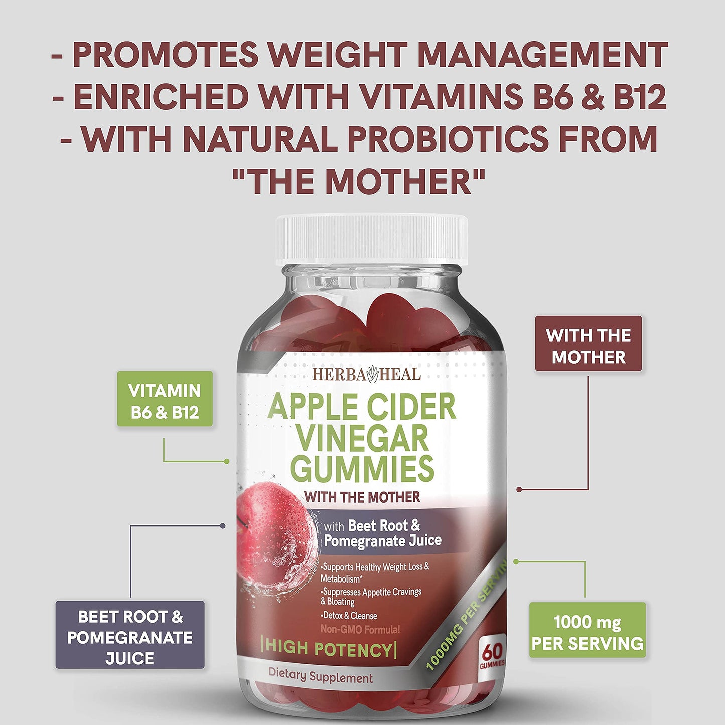 Herba Heal Apple Cider Vinegar Gummies 60 Count