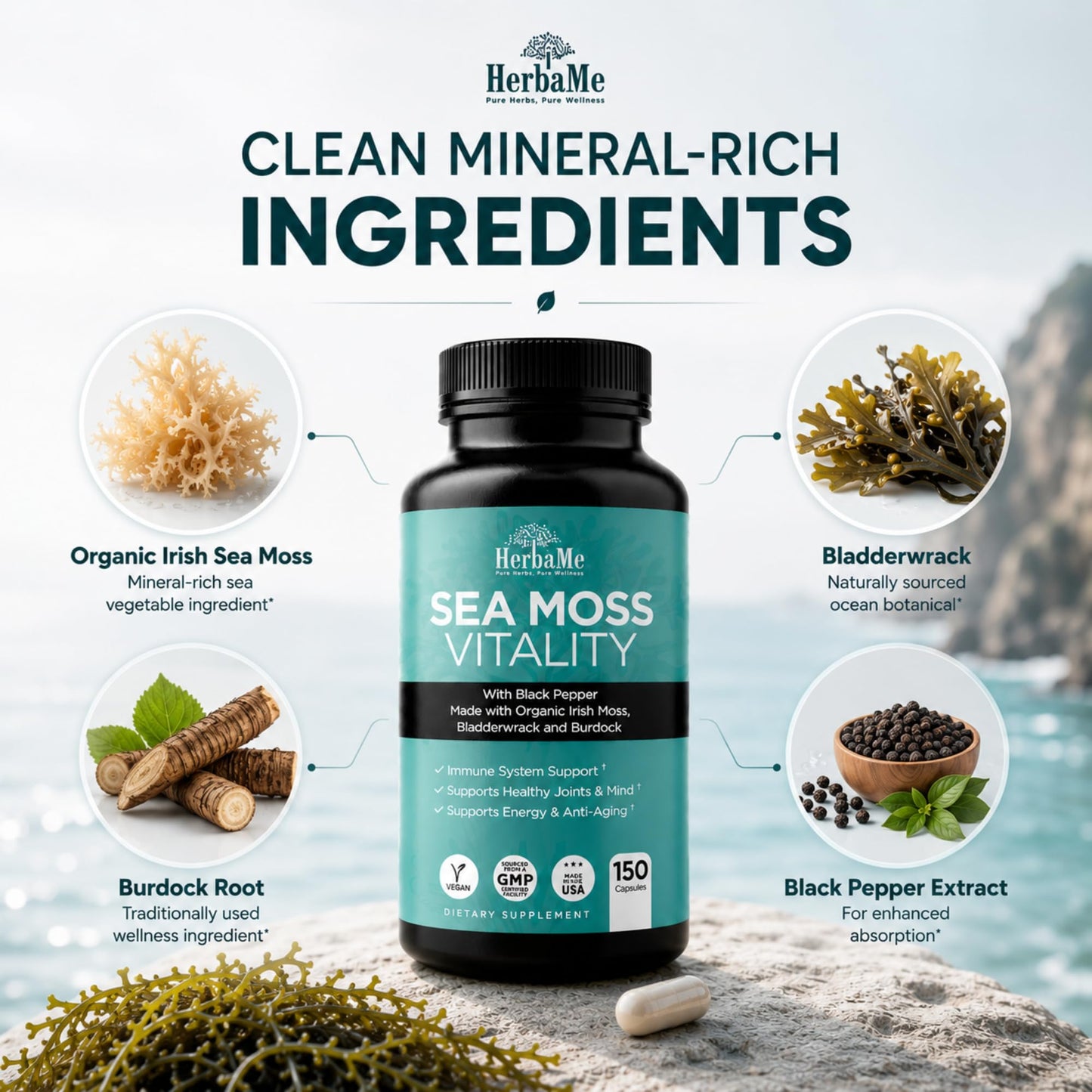 HerbaMe Organic Irish Sea Moss Supplement with Bladderwrack & Burdock, 150 Capsules