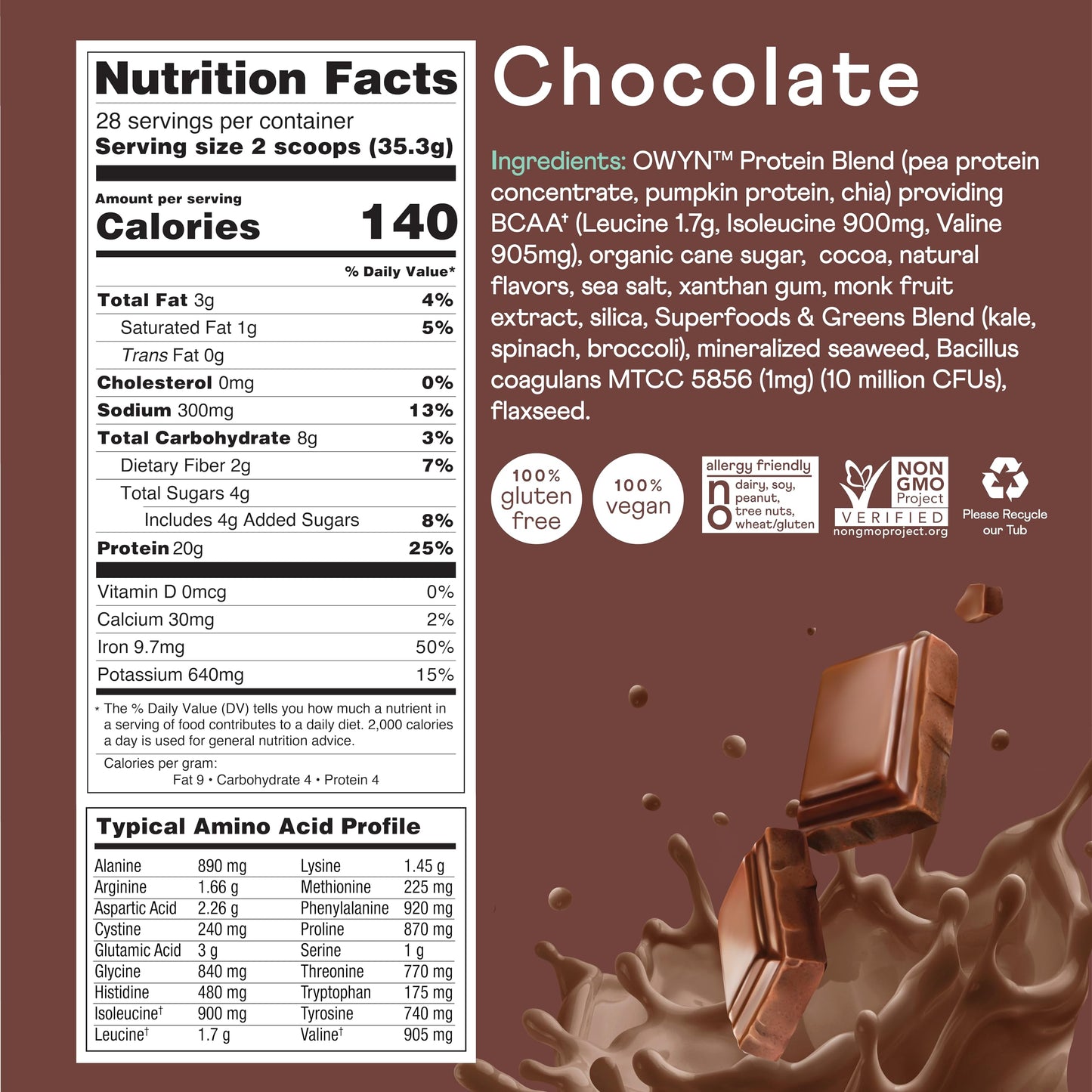 OWYN Only What You Need Chocolate Flavored Protein Powder, 35.2 Servings