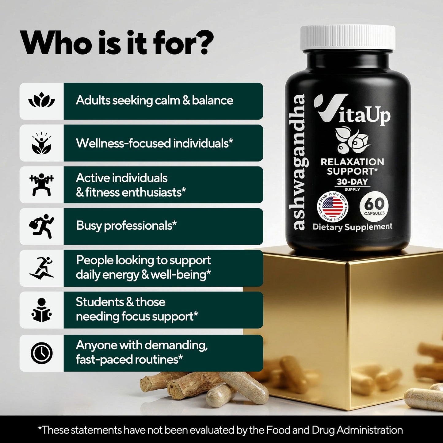 VitaUp Ashwagandha Capsules 1310mg with Black Pepper, 60 Capsules