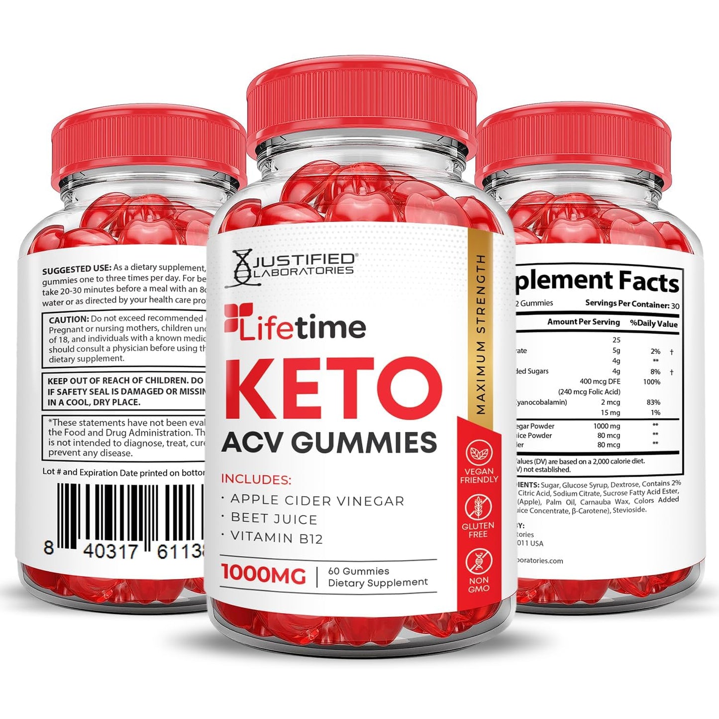Justified Laboratories Lifetime Keto ACV Gummies Advanced Formula 1000mg, Gummies, 120 Count