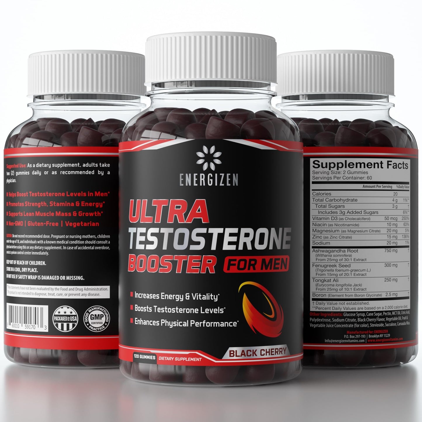 Energizen 8in1 Testosterone Booster for Men with Tongkat Ali, Fenugreek, Ashwagandha and Magnesium - Improve Libido & Hormonal Balance, Non-GMO Made in the USA, Black Cherry, 120 Count Gummies