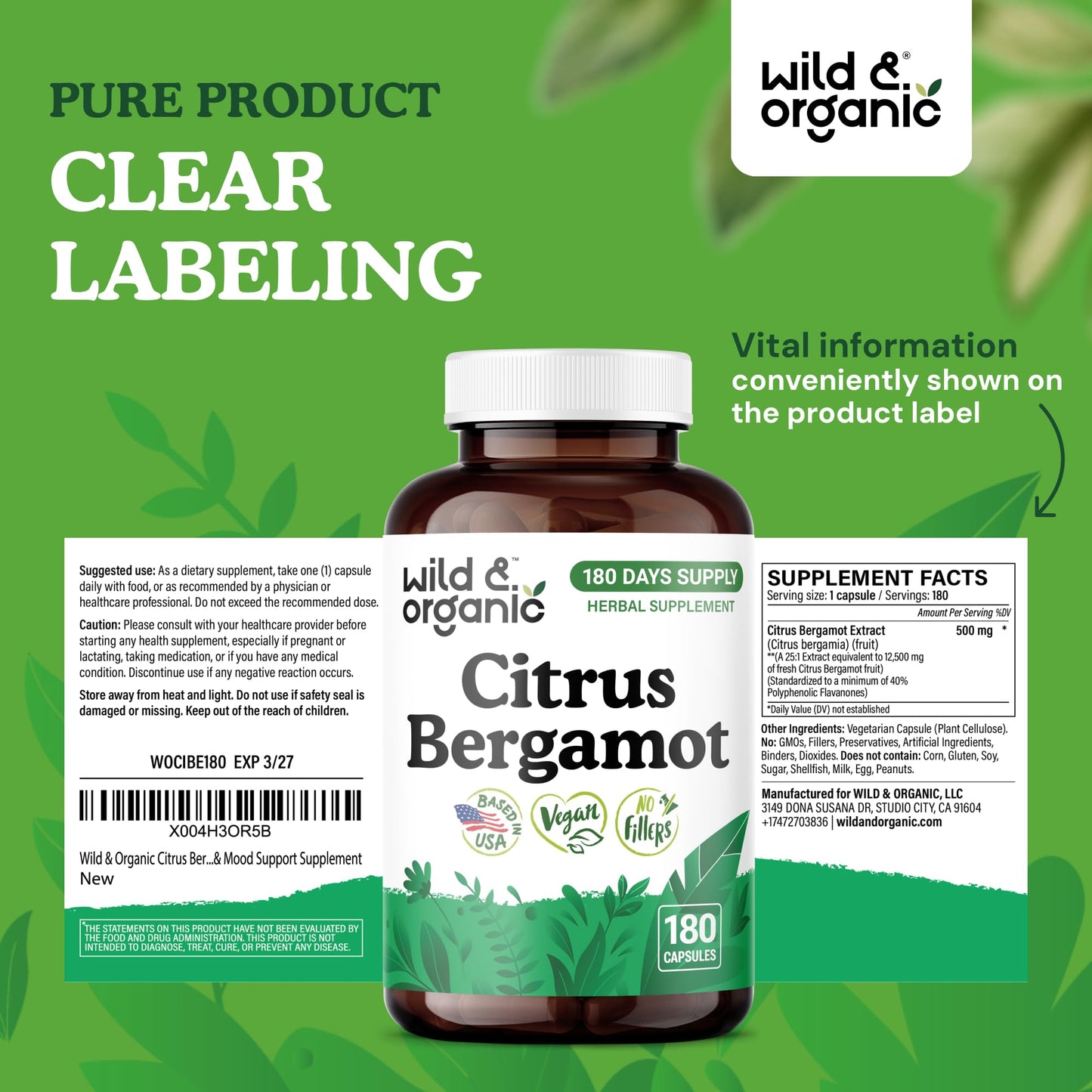 Wild & Organic Citrus Bergamot Capsules, 180 Count