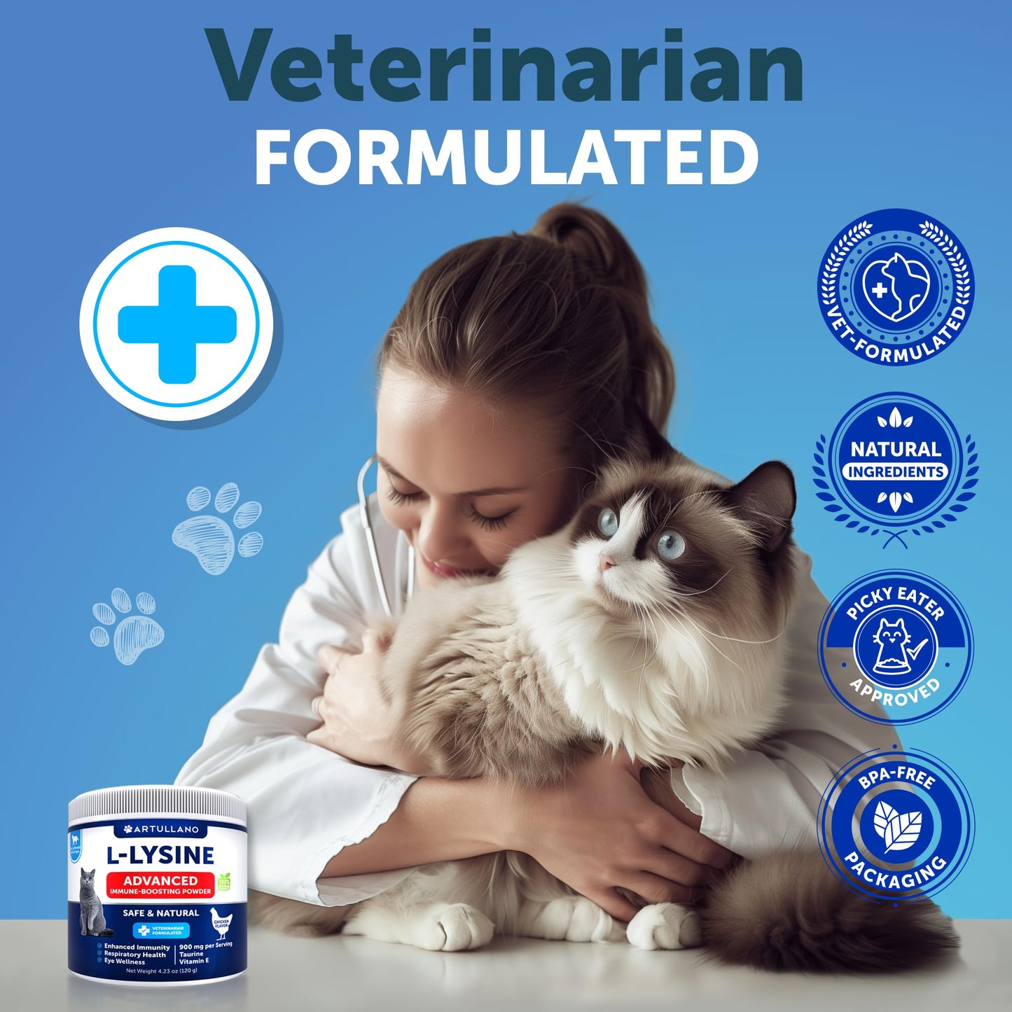 Artullano L-Lysine for Cats Lysine Powder Supplement 4.23 Ounce