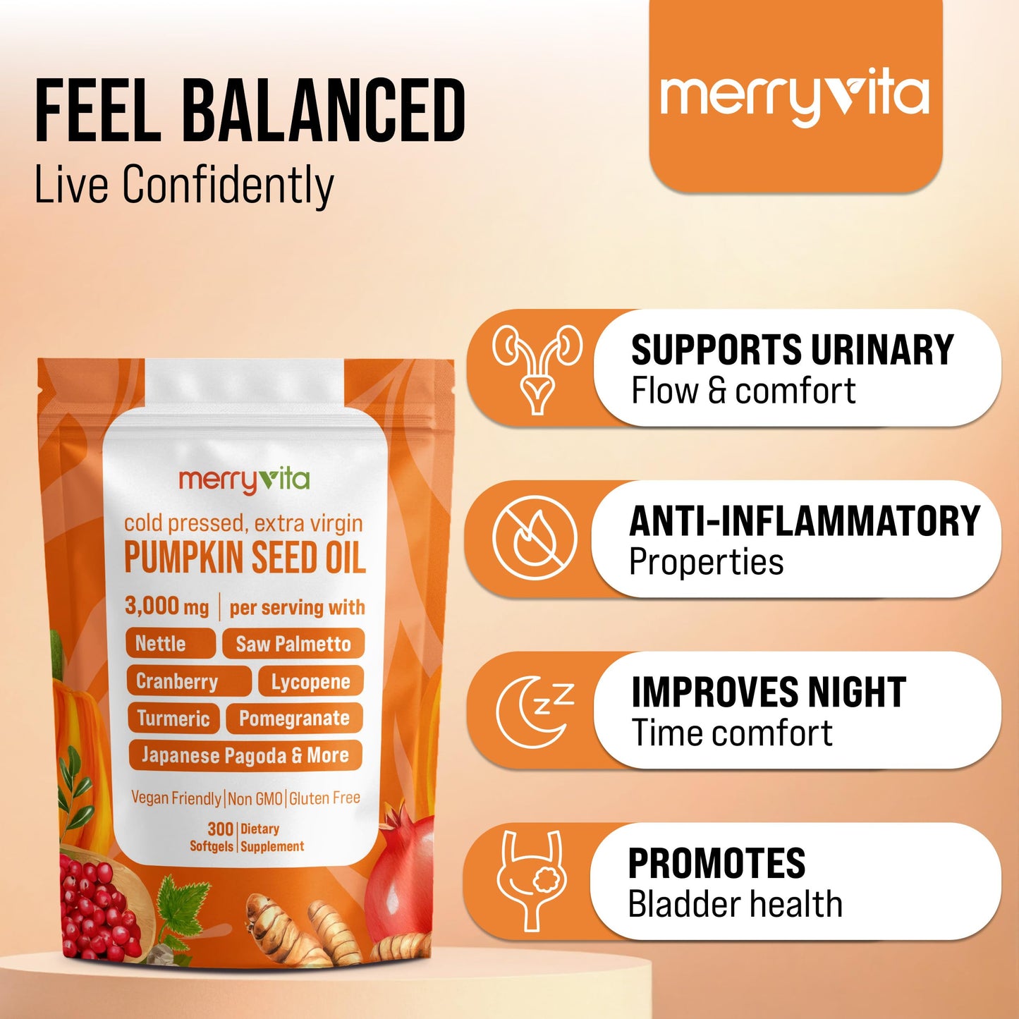 MERRY VITA Pumpkin Seed Oil with Saw Palmetto, Turmeric, Nettle & More Softgels, 300