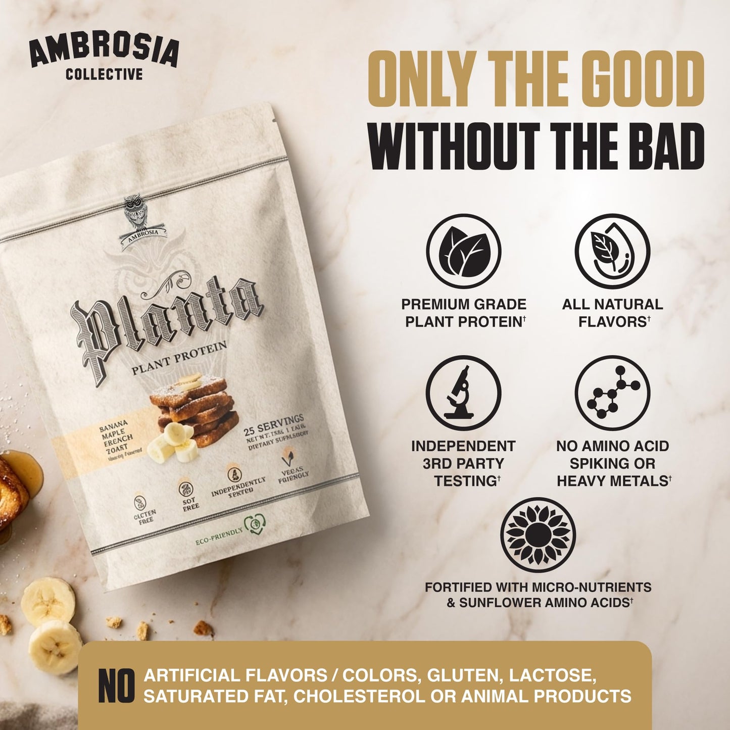 Ambrosia Plant Based Protein Powder Pea Protein Banana Maple, 25 Servings