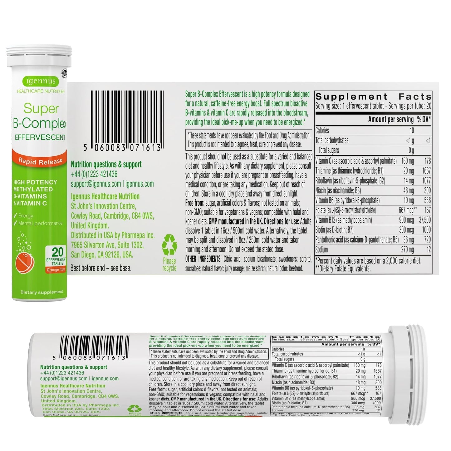 Igennus Healthcare Nutrition Super B-Complex Methylated Liquid B-Vitamin Effervescent Supplement Tablet, 20 Tablets