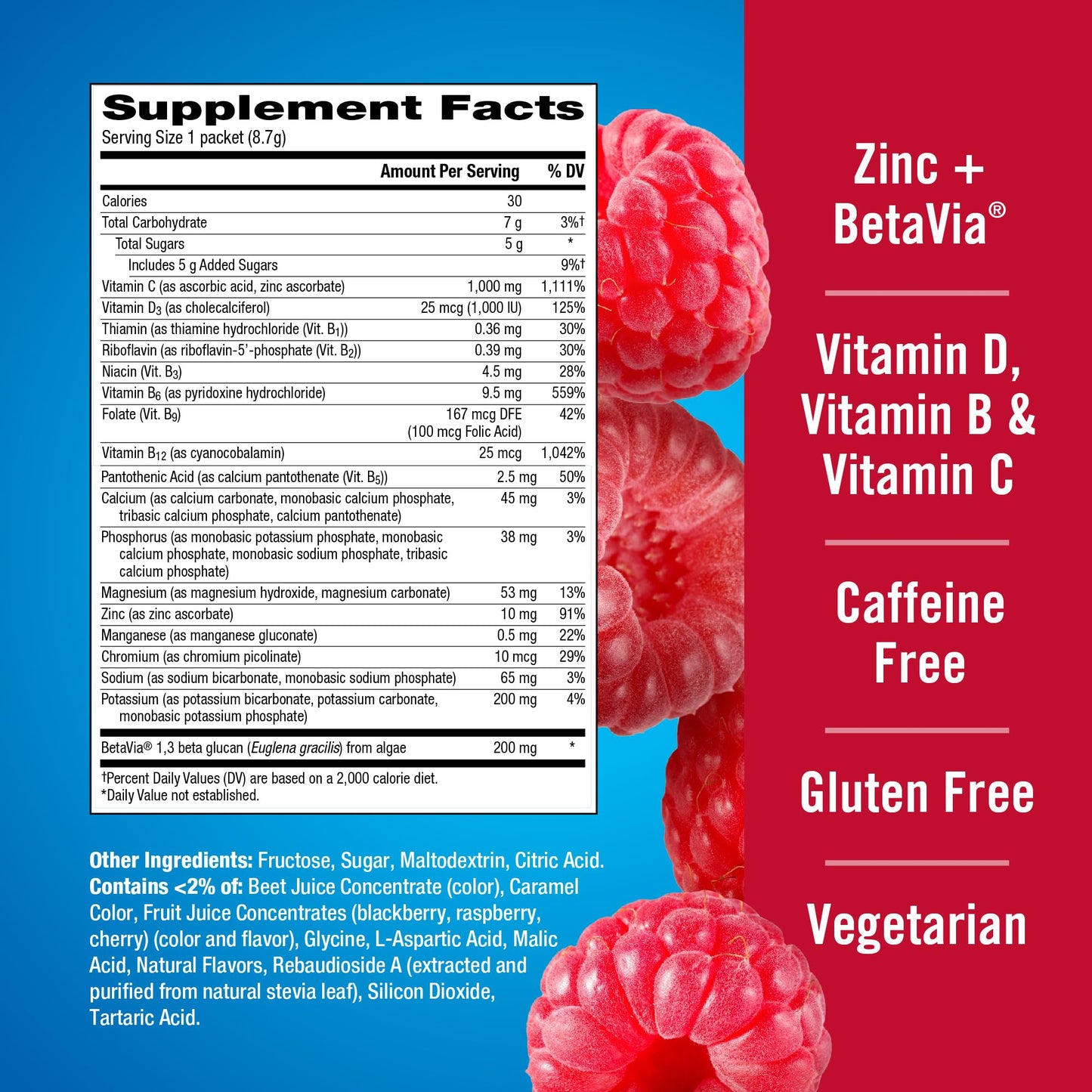 Emergen-C Immune+ Triple Action Immune Support Powder Raspberry, 30 Count