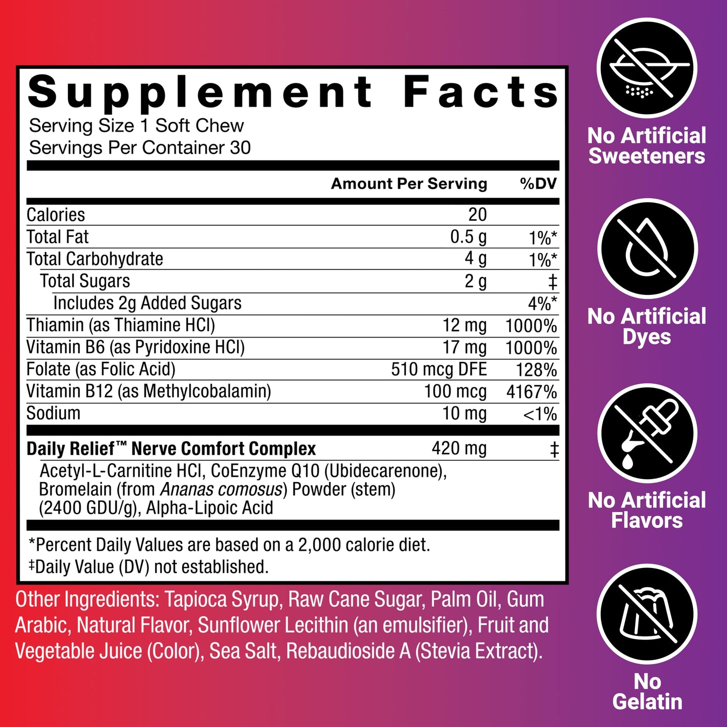 Force Factor Daily Relief Nerve Supplement with Alpha Lipoic Acid Soft Chews, 30 Count