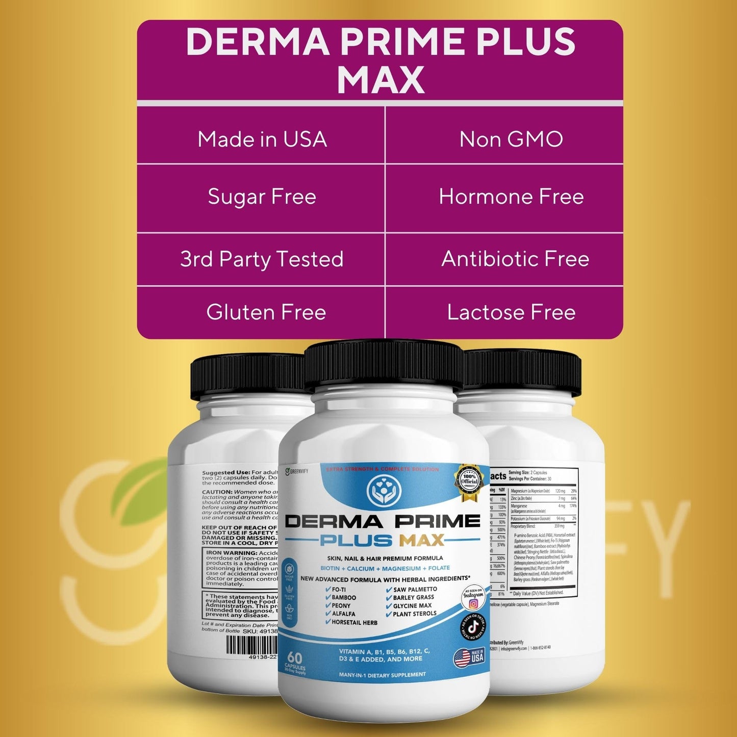 GREENVIFY Derma Prime Plus Max Hair Skin Nail Supplement Capsules 180