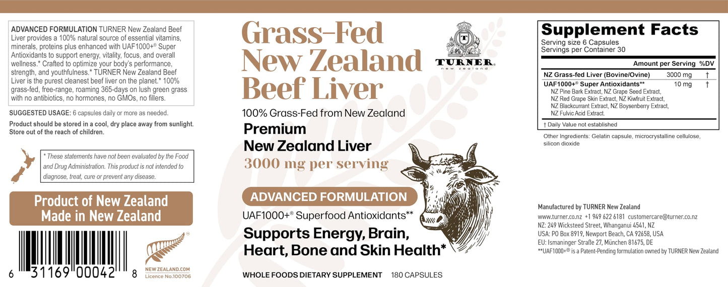 TURNER New Zealand 100% Live-Grass-Fed Beef Liver, 180 Capsules