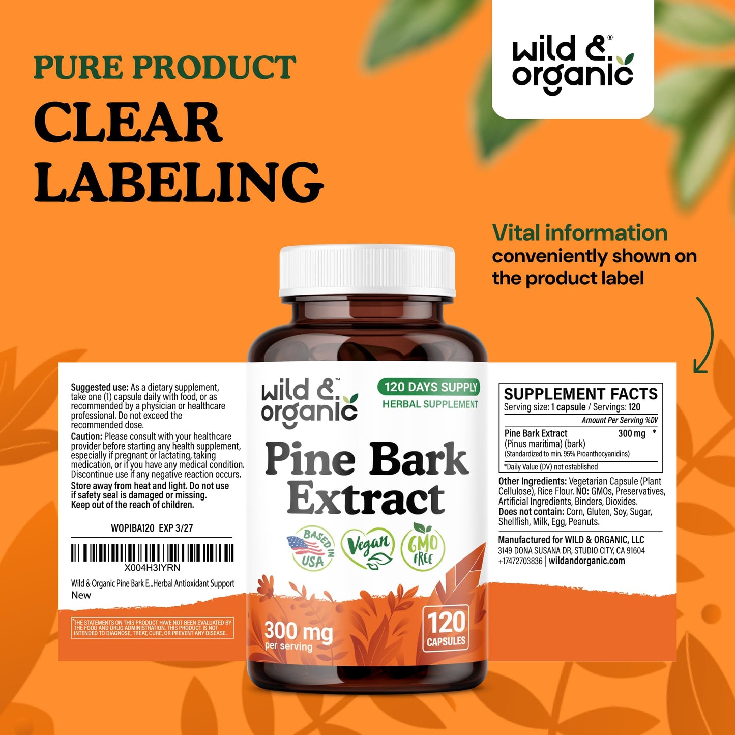 Wild & Organic Pine Bark Extract Capsules 120 Count