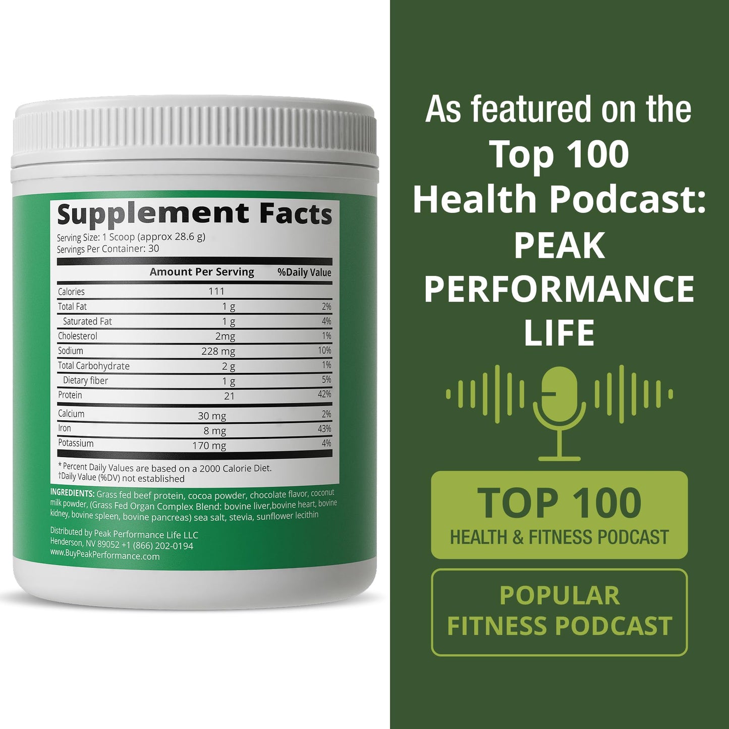Peak Performance Grass Fed Beef Protein Powder + Organ Complex, Lactose Free, Beef Protein Isolate, Chocolate Flavor, 30.3 Servings, 1.89 lb