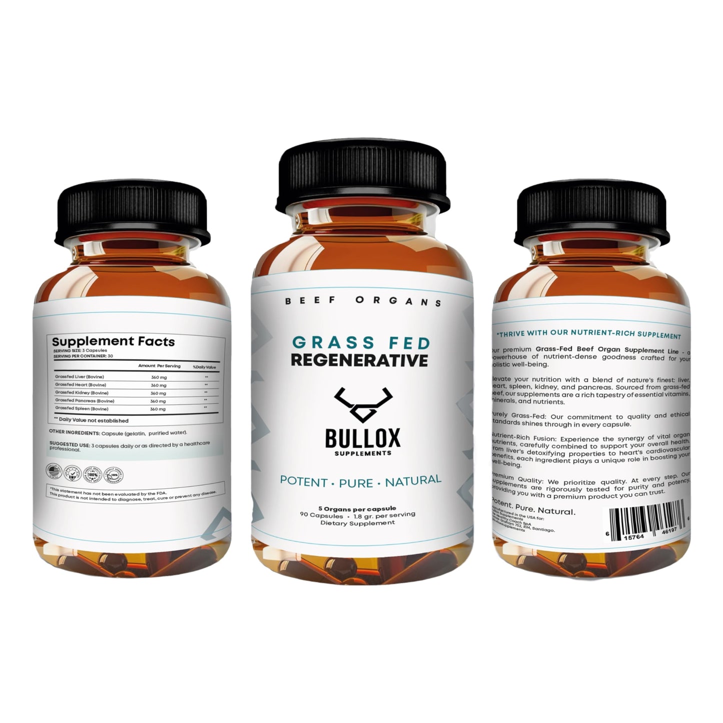 Bullox Supplements Grass Fed Beef Organs Freeze Dried Liver, Heart, Kidney, Pancreas & Spleen, 90 Capsules