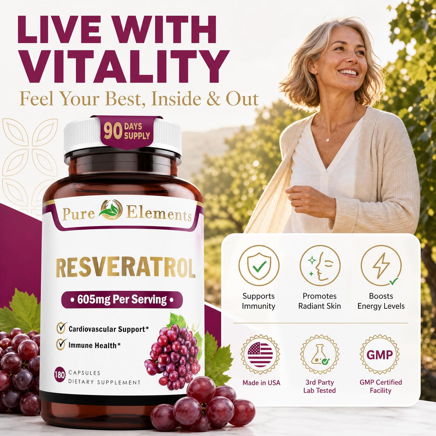 Pure Organic Elements Resveratrol 1450mg Capsule 90 Count