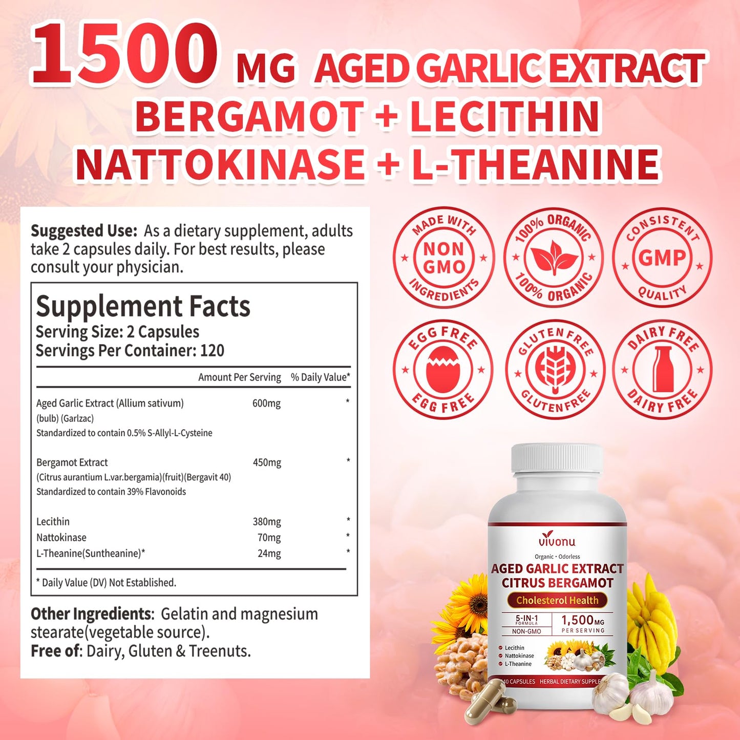 VivoNu Odorless Aged Garlic Extract 1500mg per Serving, 240 Capsules
