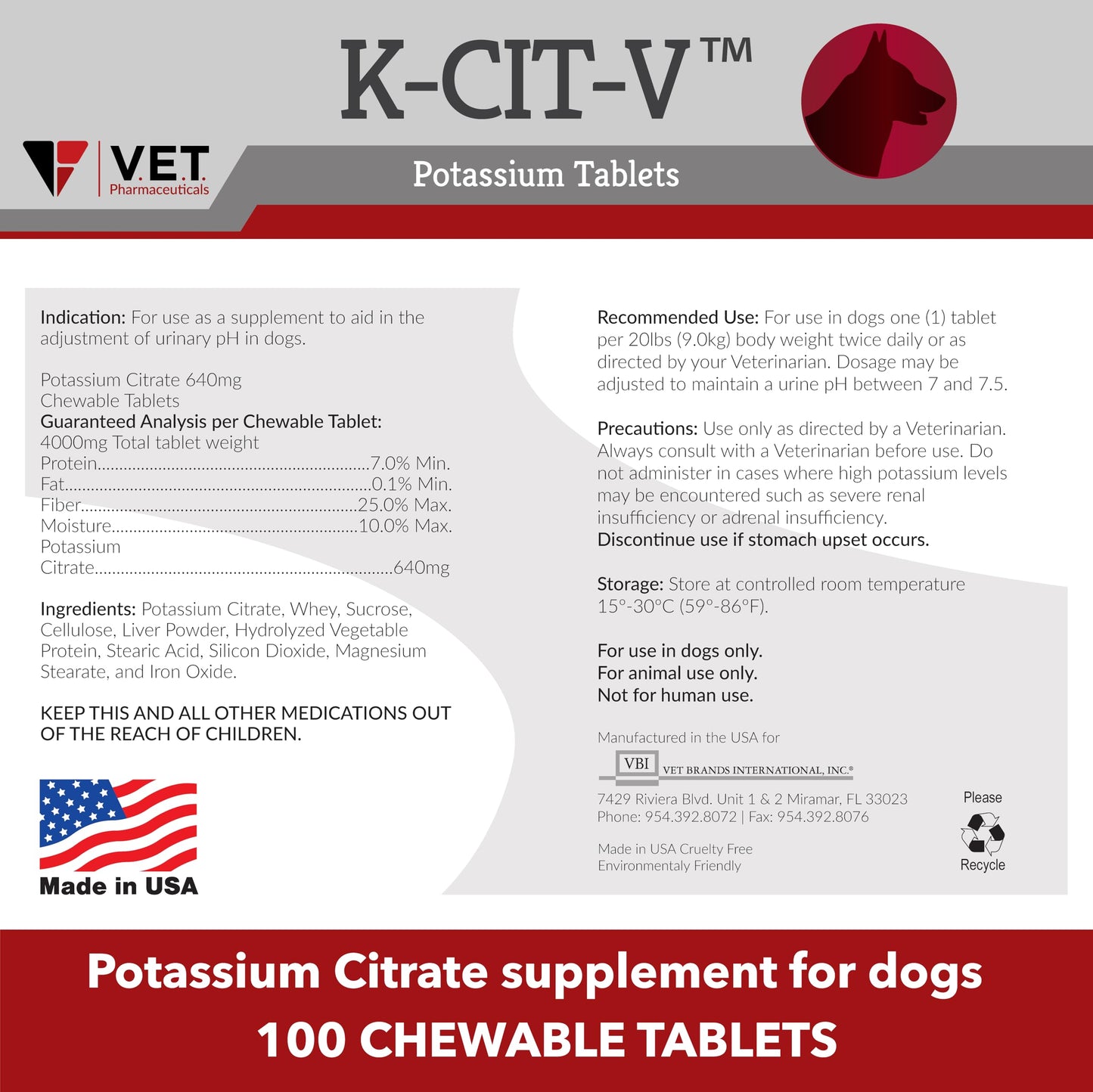 V.E.T. PHARMACEUTICALS Potassium Citrate 640mg Tablets, 100 Tablets
