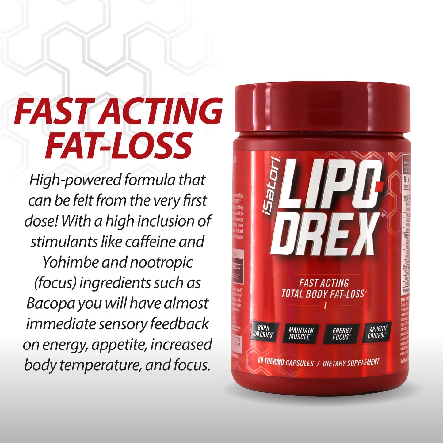 iSatori Lipo-Drex Fat Loss Thermogenic Formula - Focus Blend - Fast Acting Total Body Fat Burner Weight Loss Muscle Maintenance and Appetite Suppressant, 60 Capsules