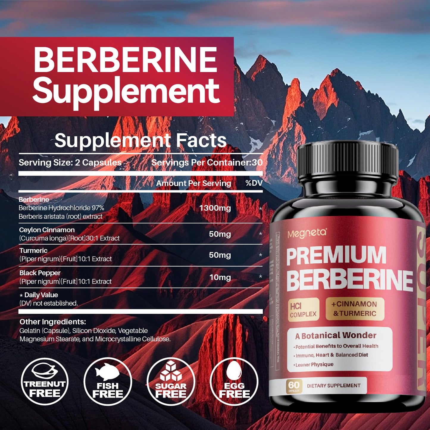 MEGNETA Berberine HCl Complex with Cinnamon and Turmeric Capsules, 60 Count