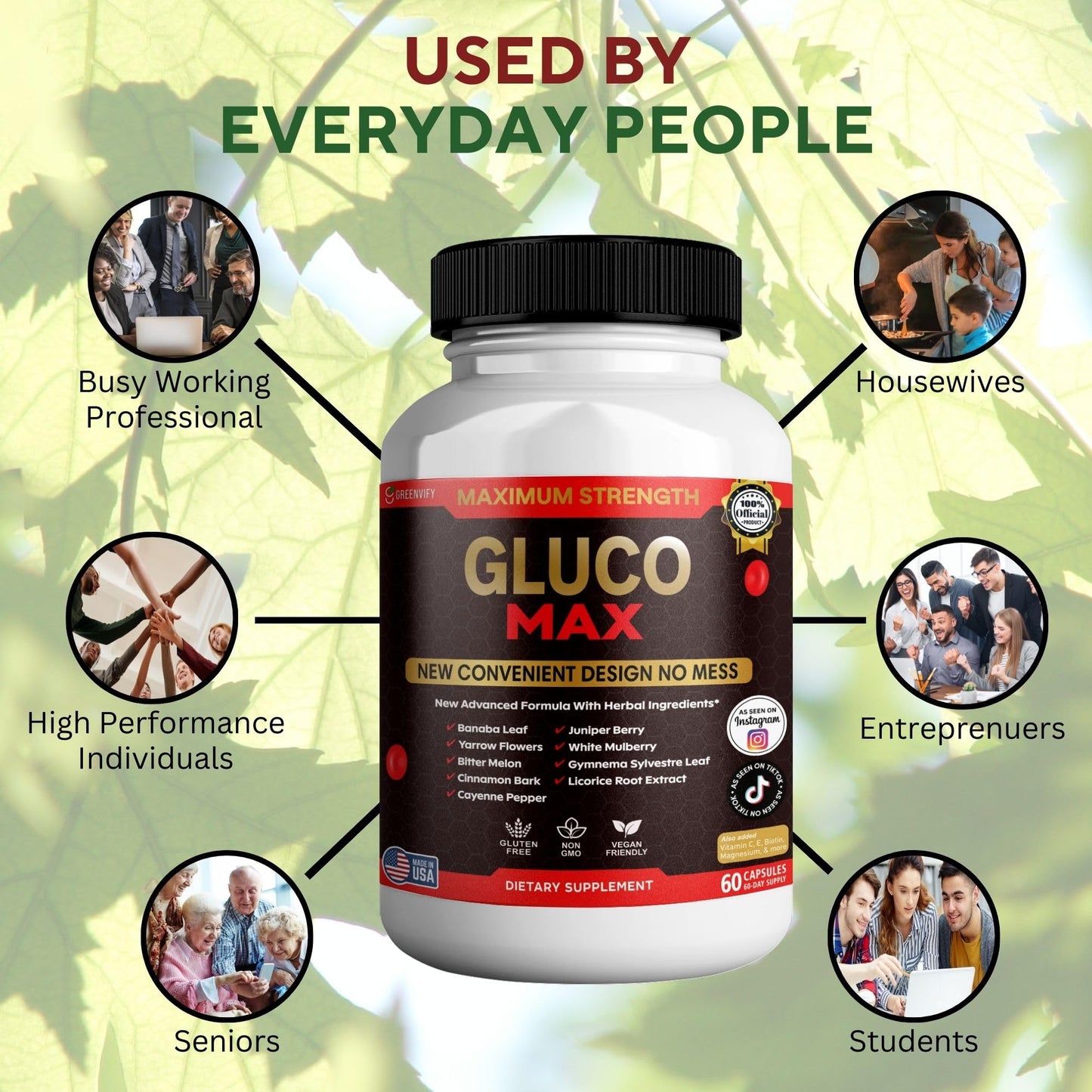 GREENVIFY Gluco Max Supplement Maximum Strength Herbal Formula with Banaba Leaf Capsule, 60 Capsules