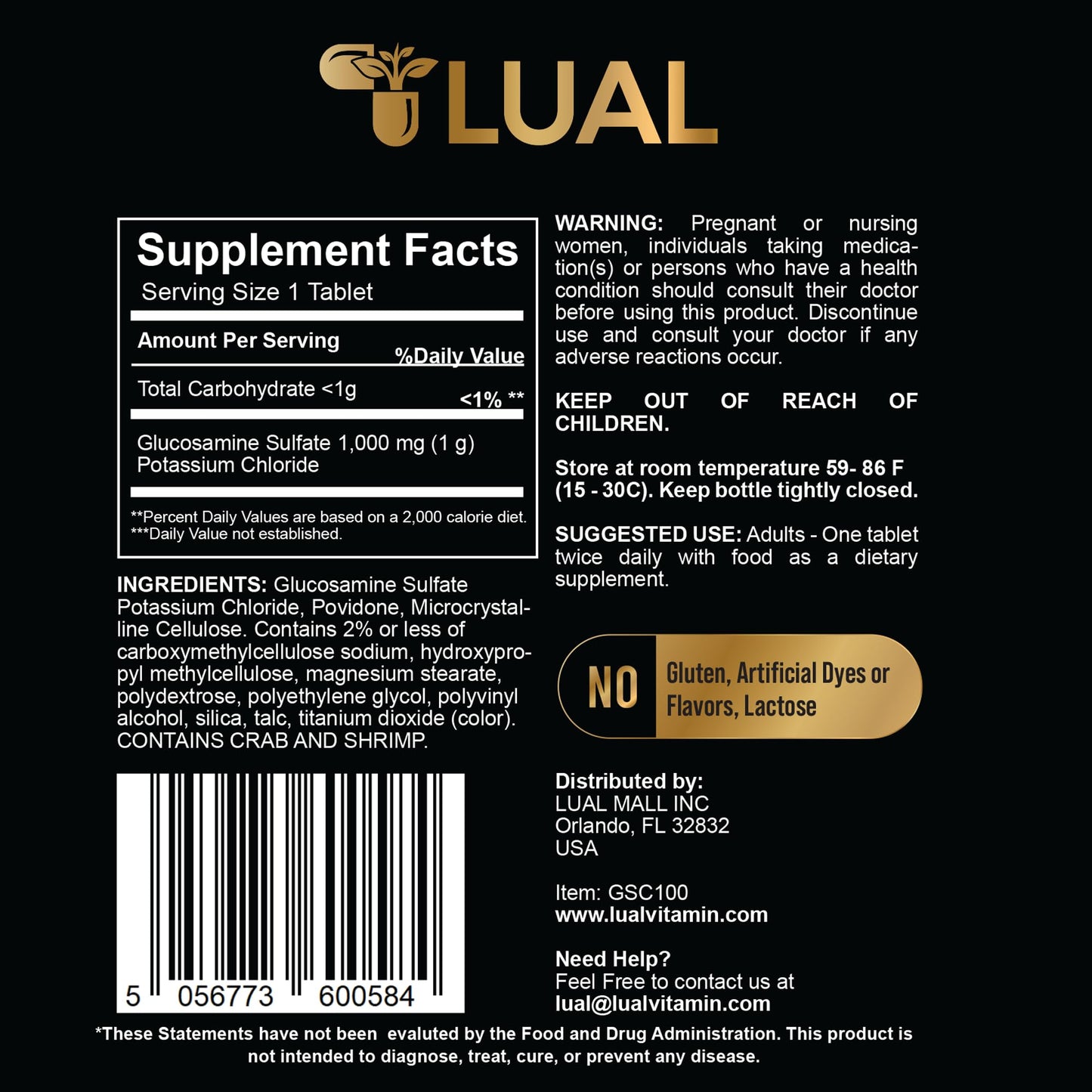LUAL Glucosamine Sulfate Potassium Chloride Tablets 1000 mg, 200 Count