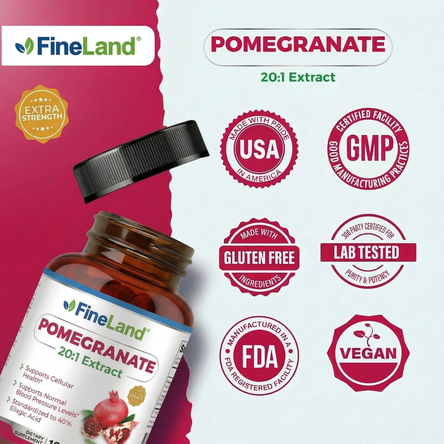 FineLand Pomegranate Extract 20:1, 40% Ellagic Acid Standardized Antioxidant Supplement Capsules, 120 Count