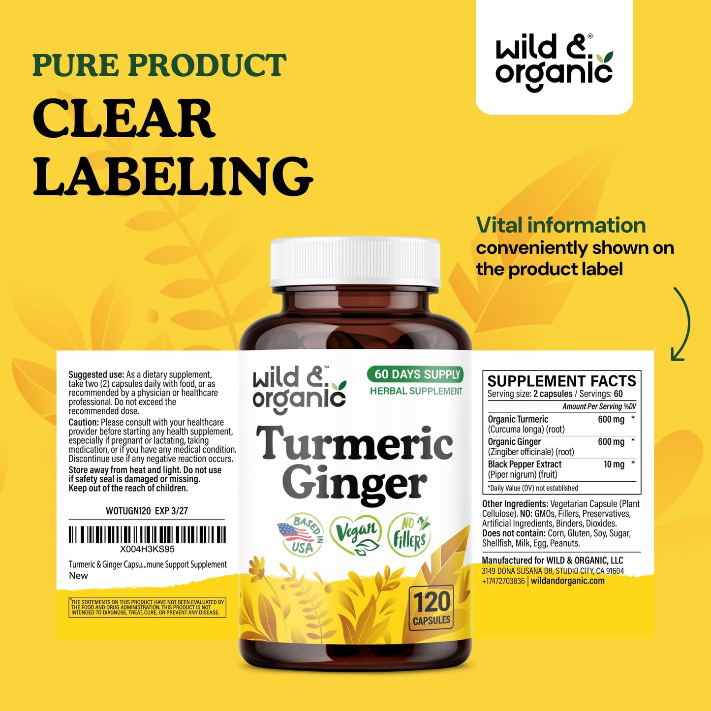 Wild & Organic Turmeric and Ginger Supplement Capsules 120 Count