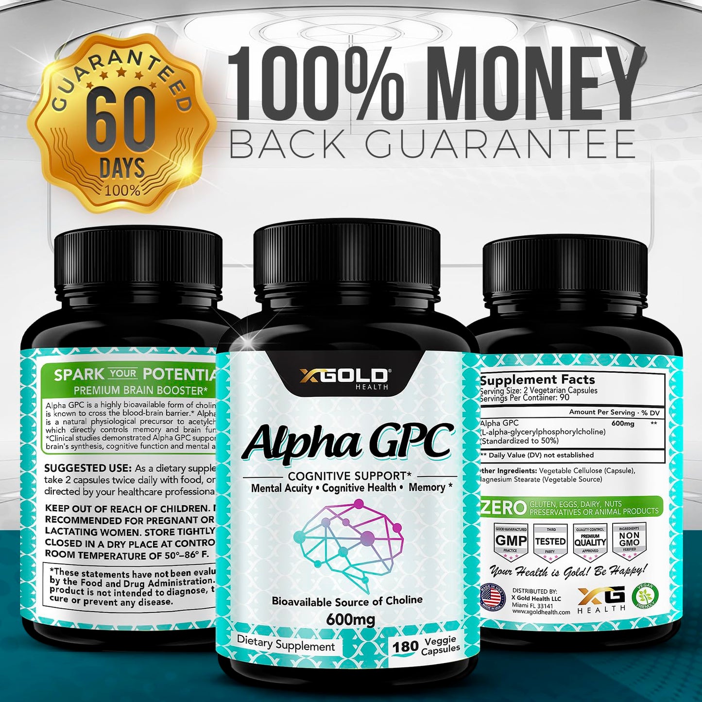 X Gold Health Alpha GPC Choline Supplement 600mg 180 Capsules