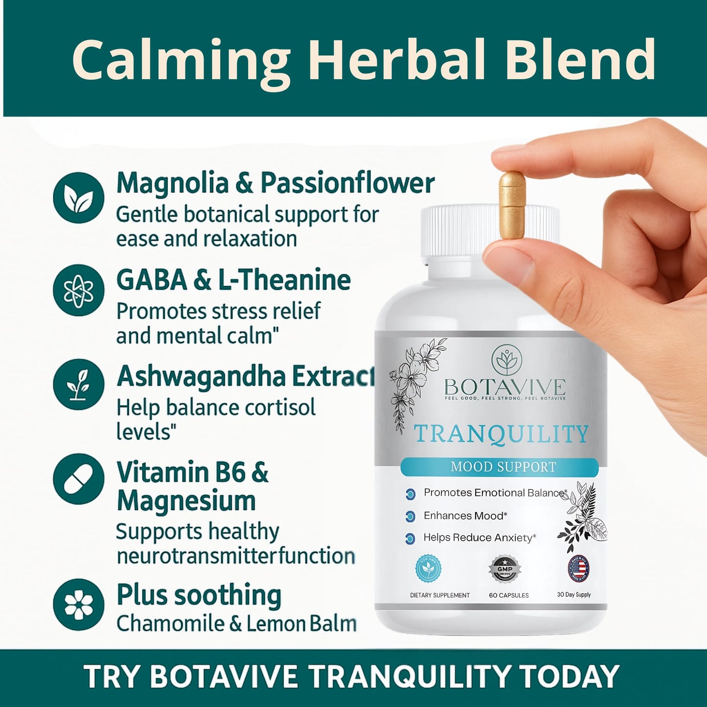 Botavive Tranquility Advanced Relaxation Formula Stress Relief Calm Support, 60 Capsules