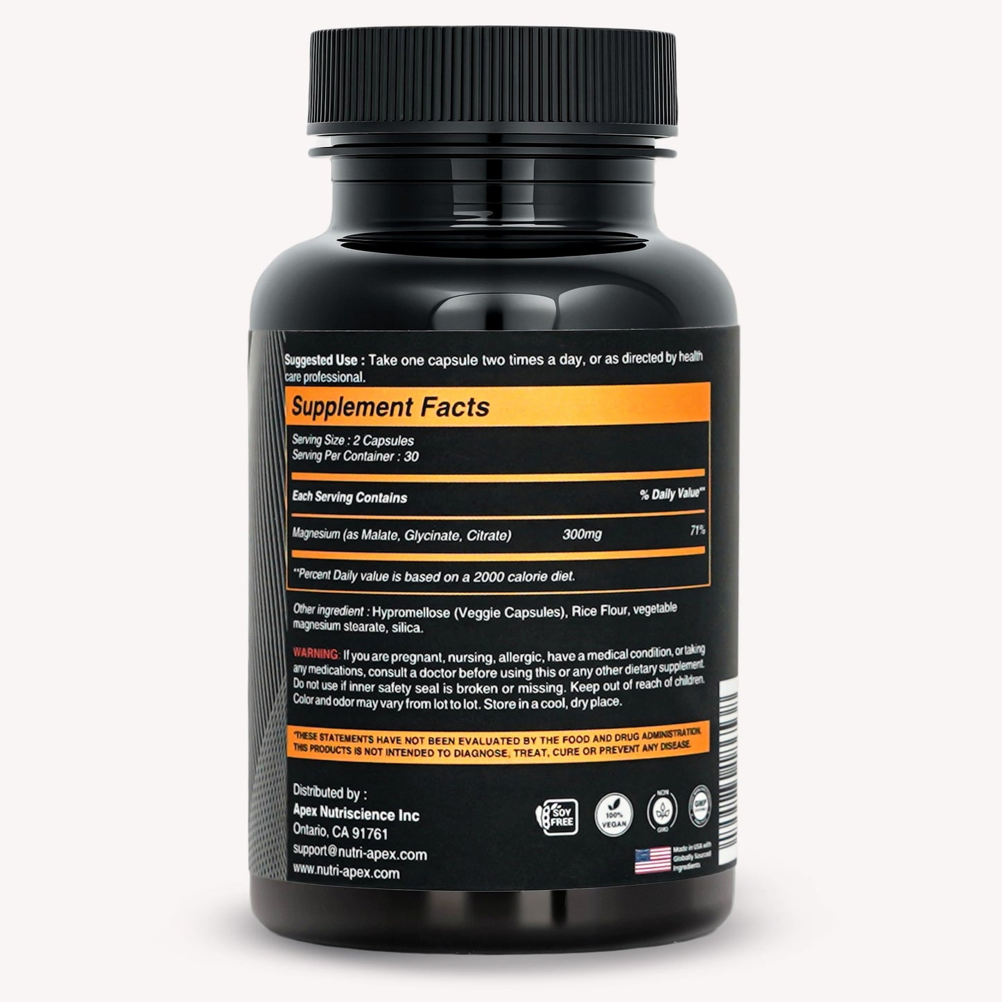 Nutri Apex Magnesium Complex 300mg – Malate, Glycinate & Citrate Capsules, 120 Count