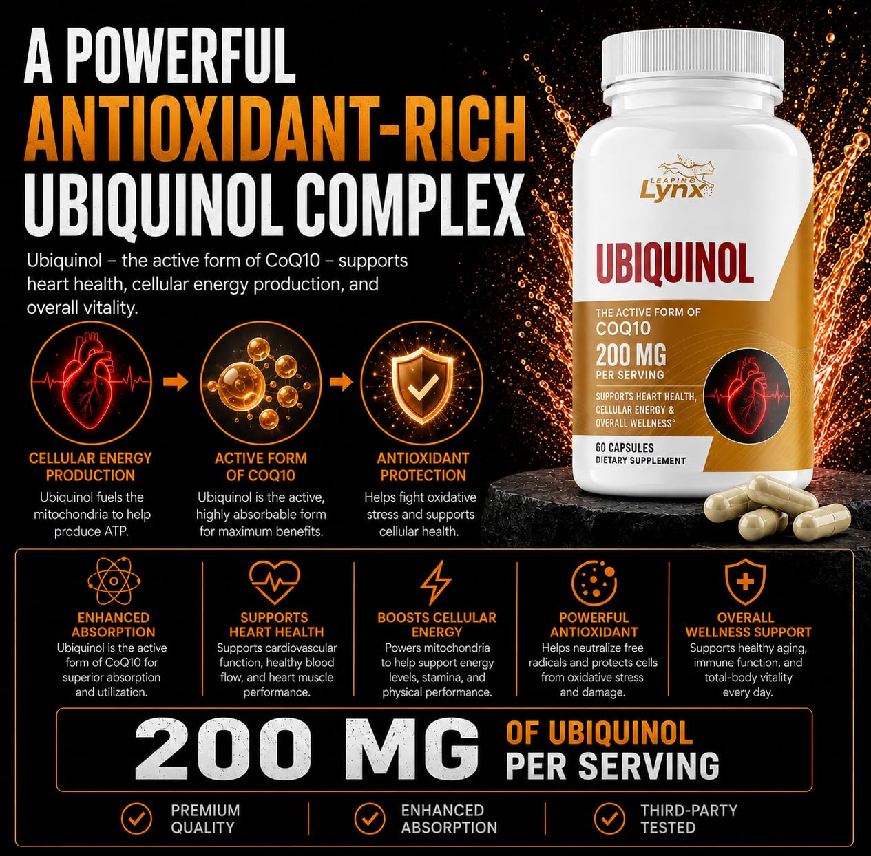 Leaping Lynx Ubiquinol CoQ10 200mg High Absorption Active Coenzyme Q10 Supplement Capsule, 60 Capsules