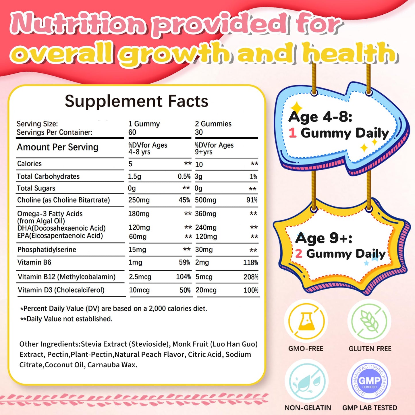 Fzjjyana Choline Gummies with Omega-3 (DHA+EPA), Phosphatidylserine for Kids & Teens 4+, Vitamin D3, B6 & B12 for Brain Health, Focus, Immune Support, Sugar-Free, Vegan, 120 Count