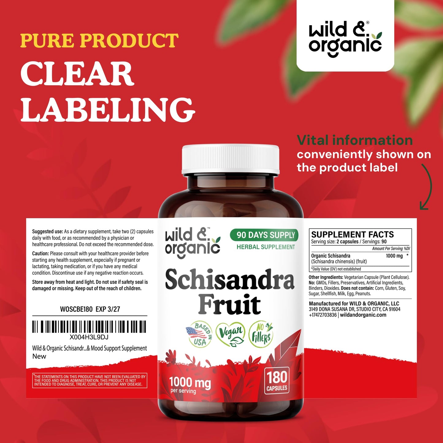 Wild & Organic Schisandra Capsules 1000 mg Mood Support 180 Count