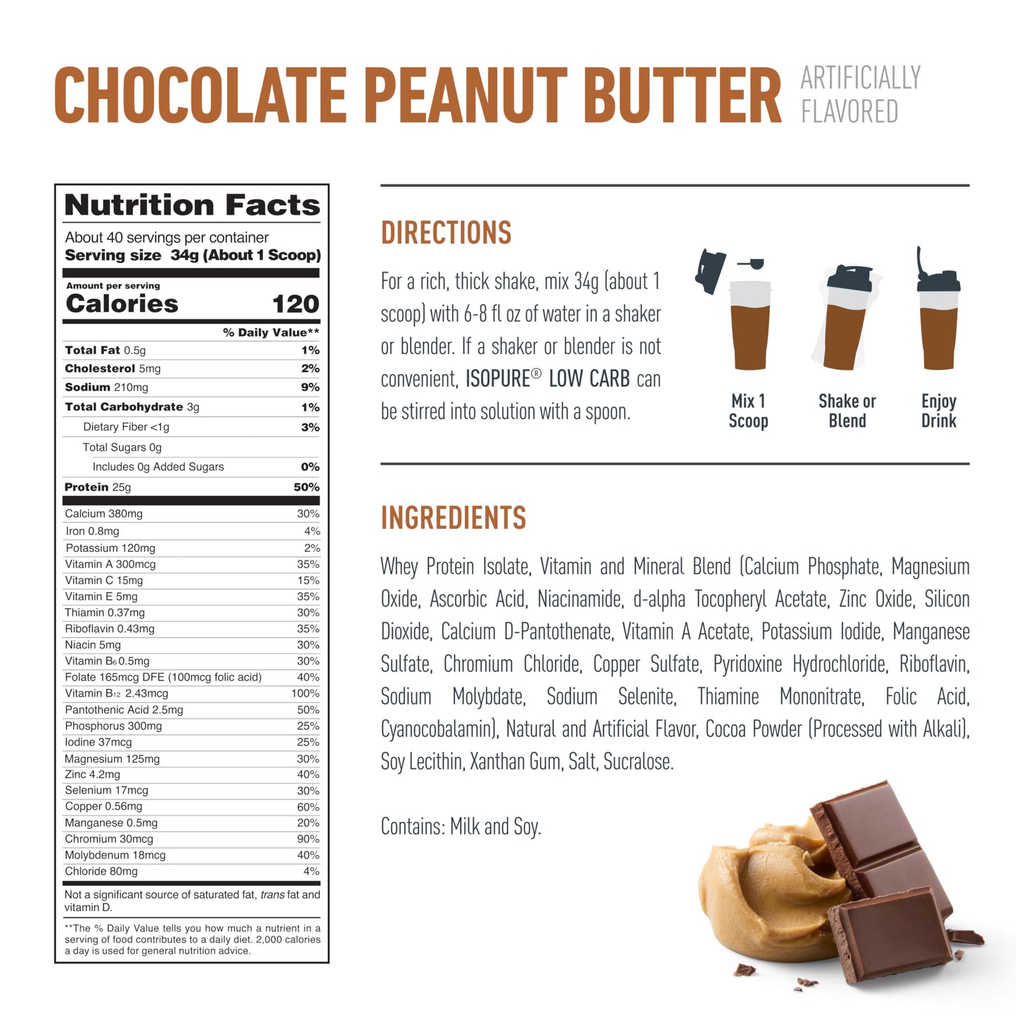Isopure Low Carb 100% Pure Whey Isolate Protein Powder Chocolate Peanut Butter, 3 Lbs, 48 Count