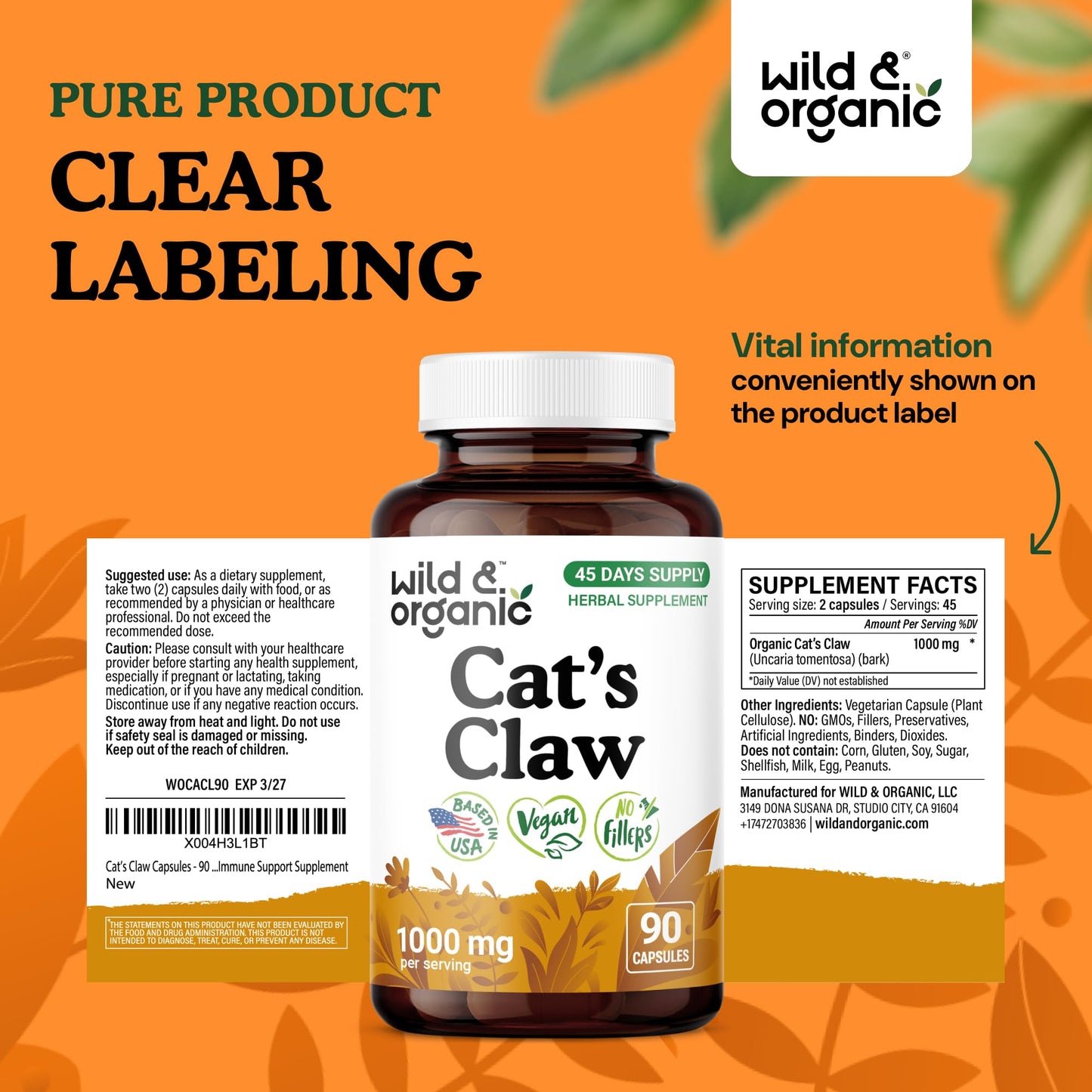Wild & Organic Cat's Claw Herbal Supplement 1000 mg Capsules, 90 Count