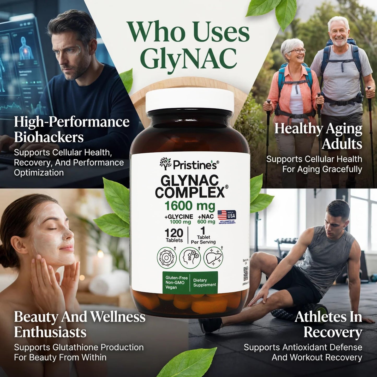 PRISTINE'S GlyNAC Supplement Complex 1600mg Capsule, 120 Capsules