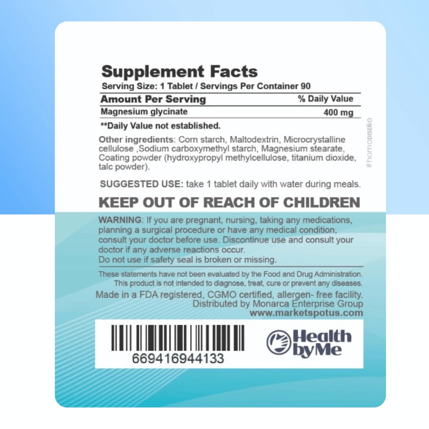 HEALTH BY ME Magnesium Glycinate 400 mg Tablet, 180 Tablets, 2-Pack