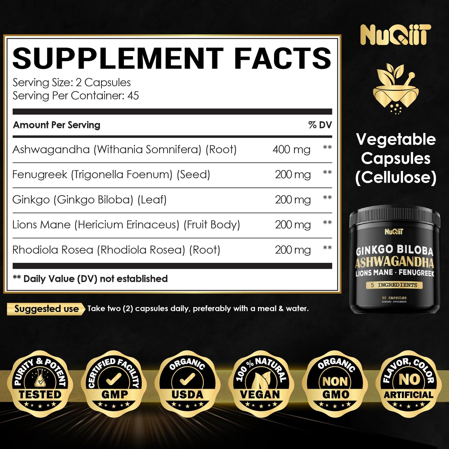 NUQIIT Ashwagandha Capsules with Fenugreek, Ginkgo Biloba, Apple Cider Vinegar & Bladderwrack – Brain Health & Immune Support, 90 Vegan Capsules