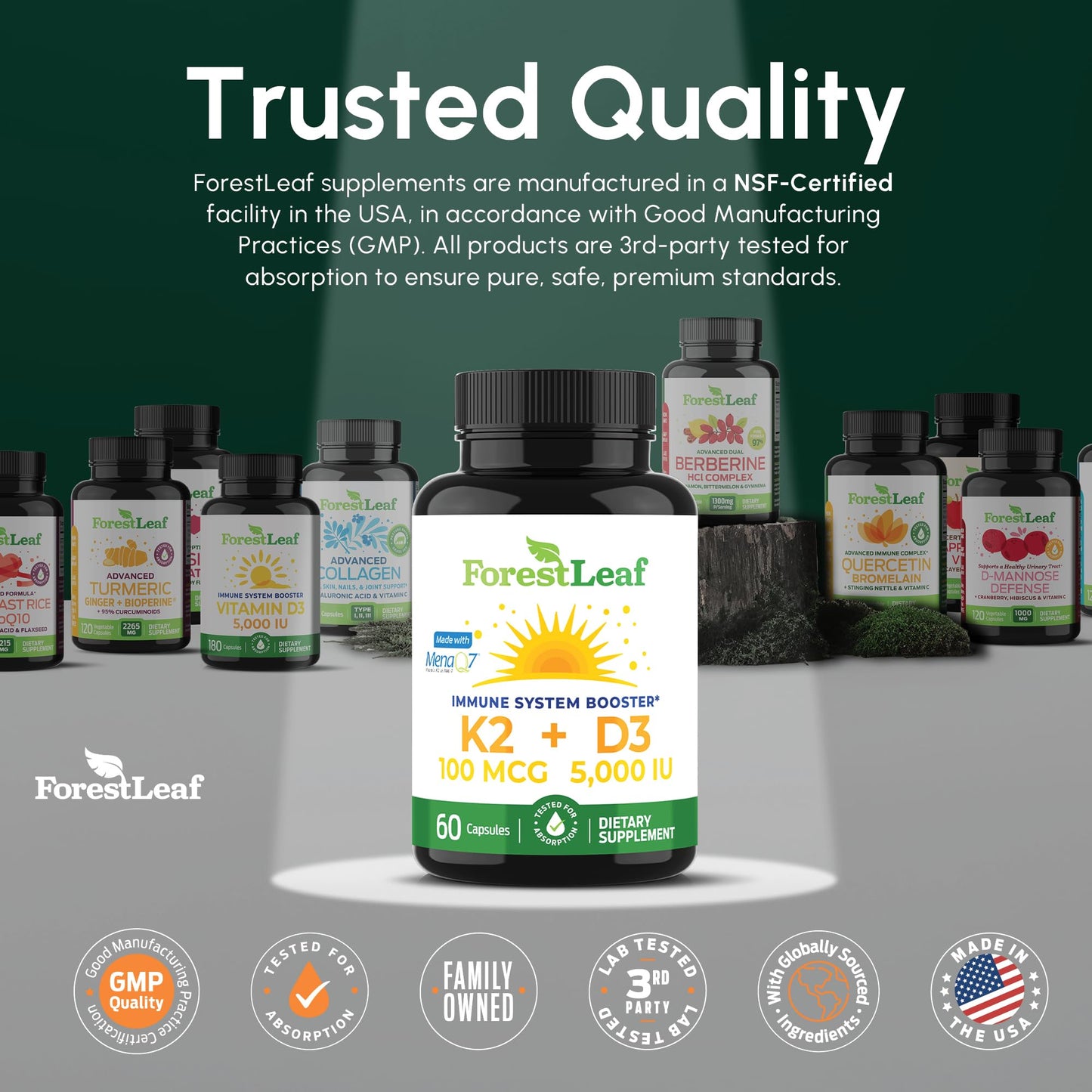 ForestLeaf Vitamin D3 + K2 (MK7) Supplement Capsule, 60 Capsules