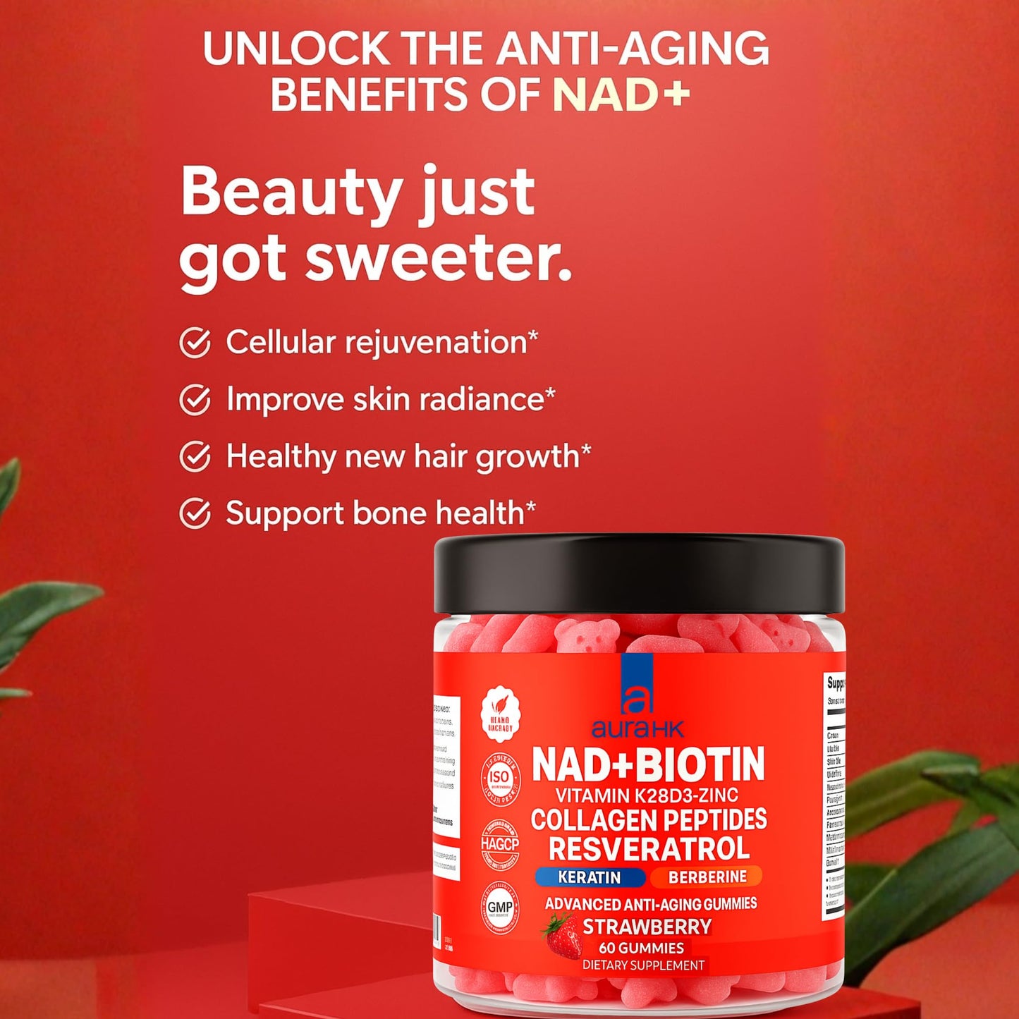 Aura HK NAD+Biotin, Resveratrol, Berberine & Anti-Aging Gummies, 120
