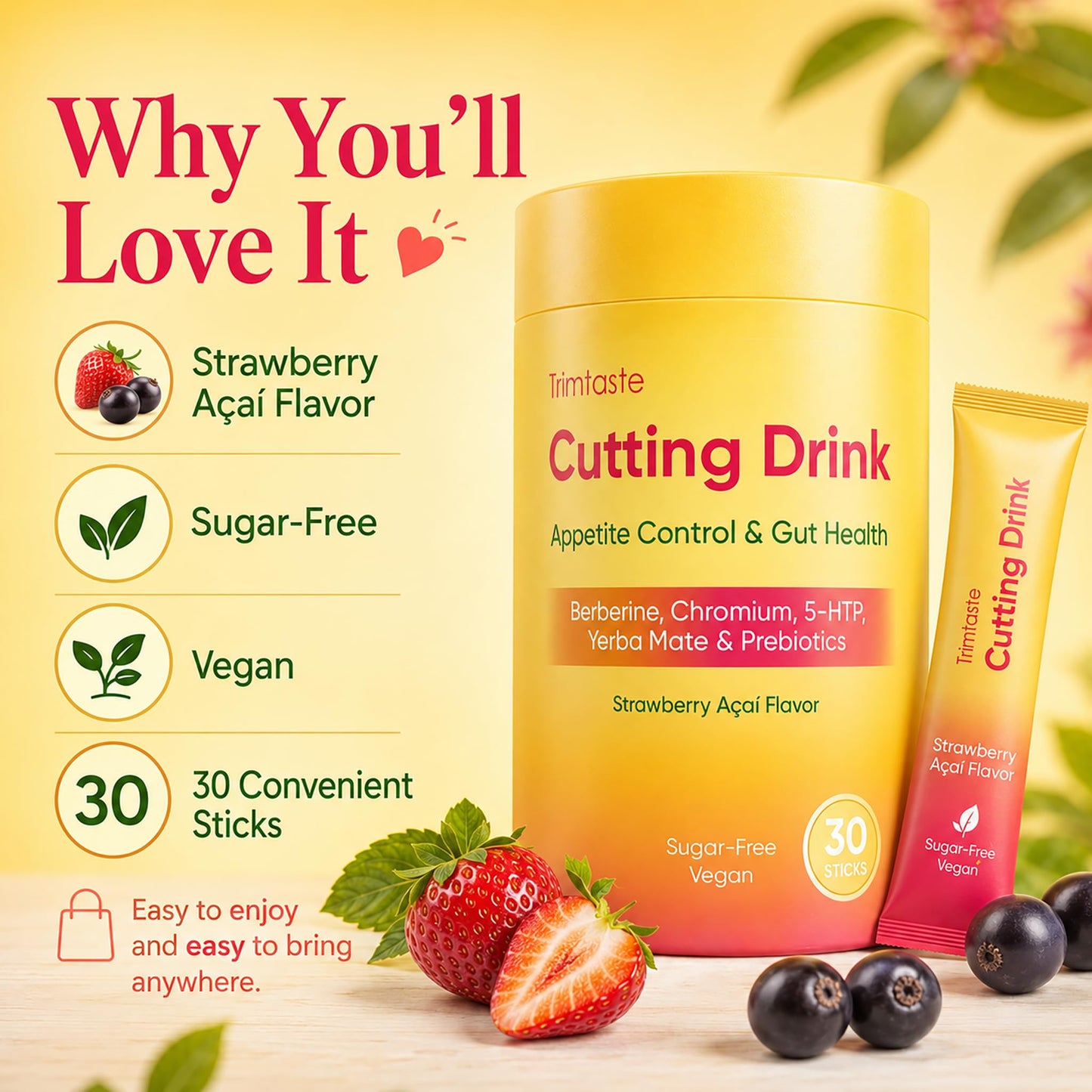 Peehss Kuranatural Cutting Mix for Gut Health Support Prebiotic Formula with Yerba Mate Supports Satiety, Energy & Metabolism Sugar Free, Vegan, Strawberry açaí Drink Powder, 1