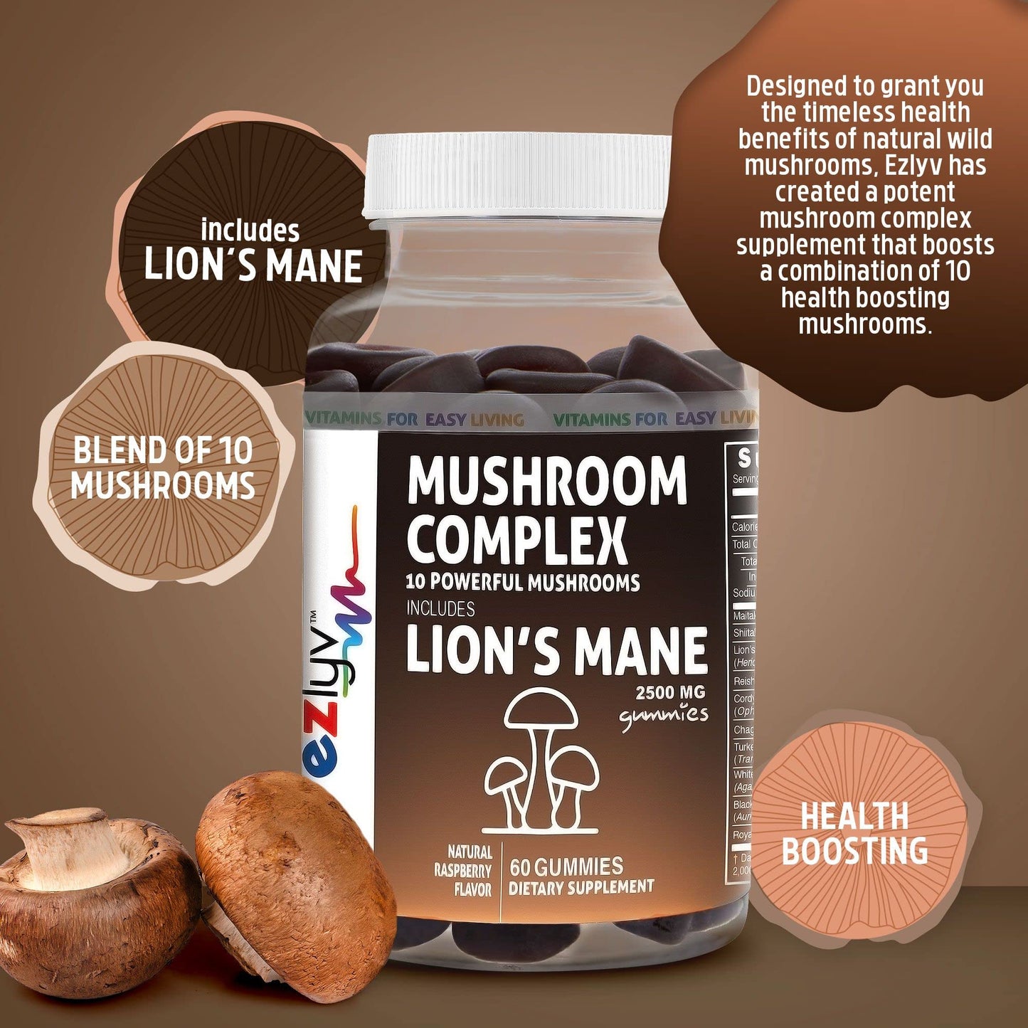 Ezlyv Lions Mane Mushroom Supplement 60 Gummies