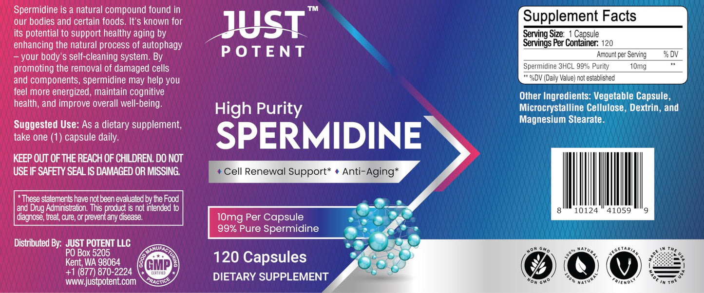 Just Potent High Purity (99%) Spermidine Supplement, 10mg per Capsule, 120 Capsules