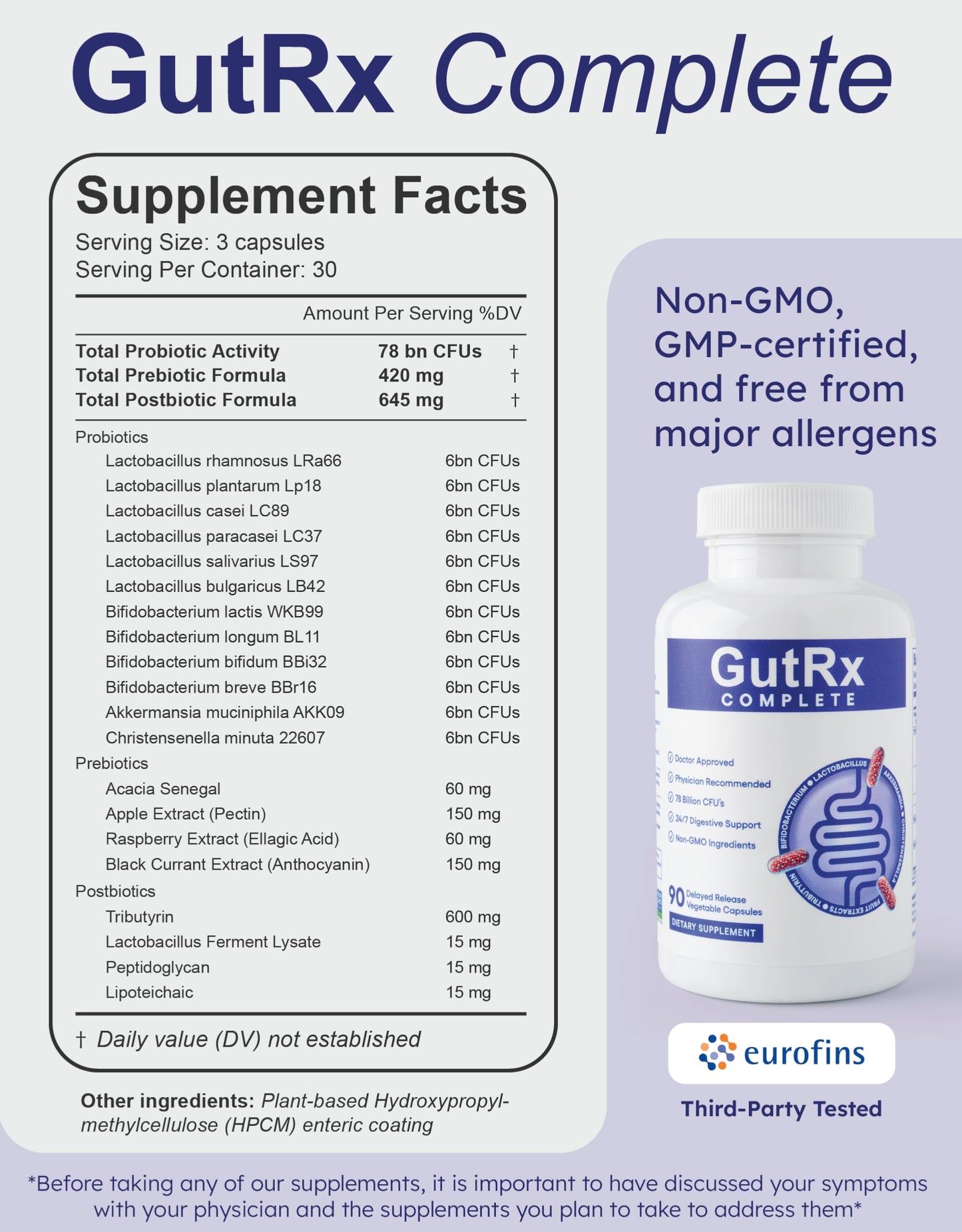 GutRx Complete Probiotic, Prebiotic, Postbiotic, GLP-1 Alternative with Akkermansia & Christensenella for Gas, Bloating, Gut Barrier & Microbiome Support – 78 Billion CFU – Enteric-Coated – 90 Capsules